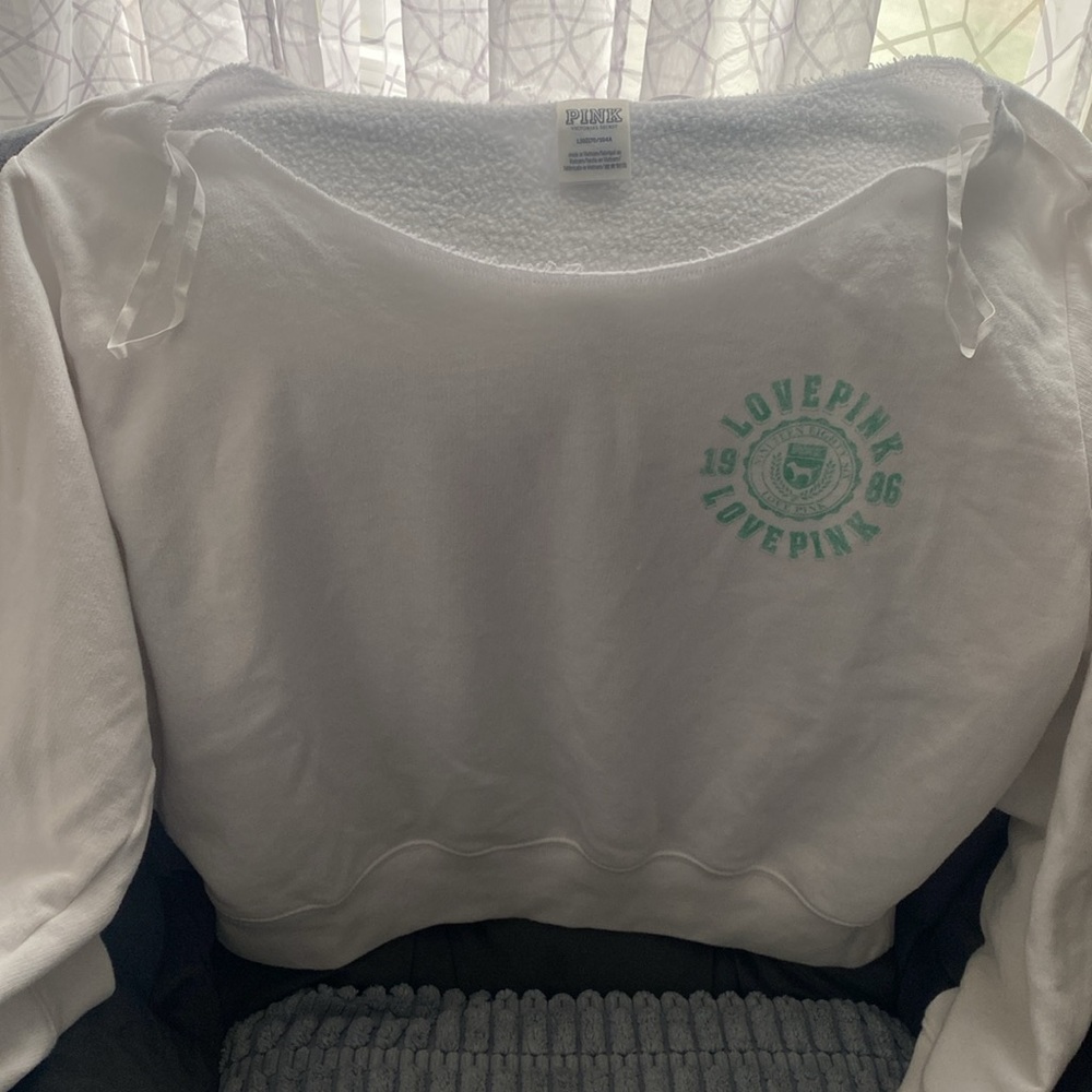 PINK Victoria's Secret White Sweatshirt with Green Logo